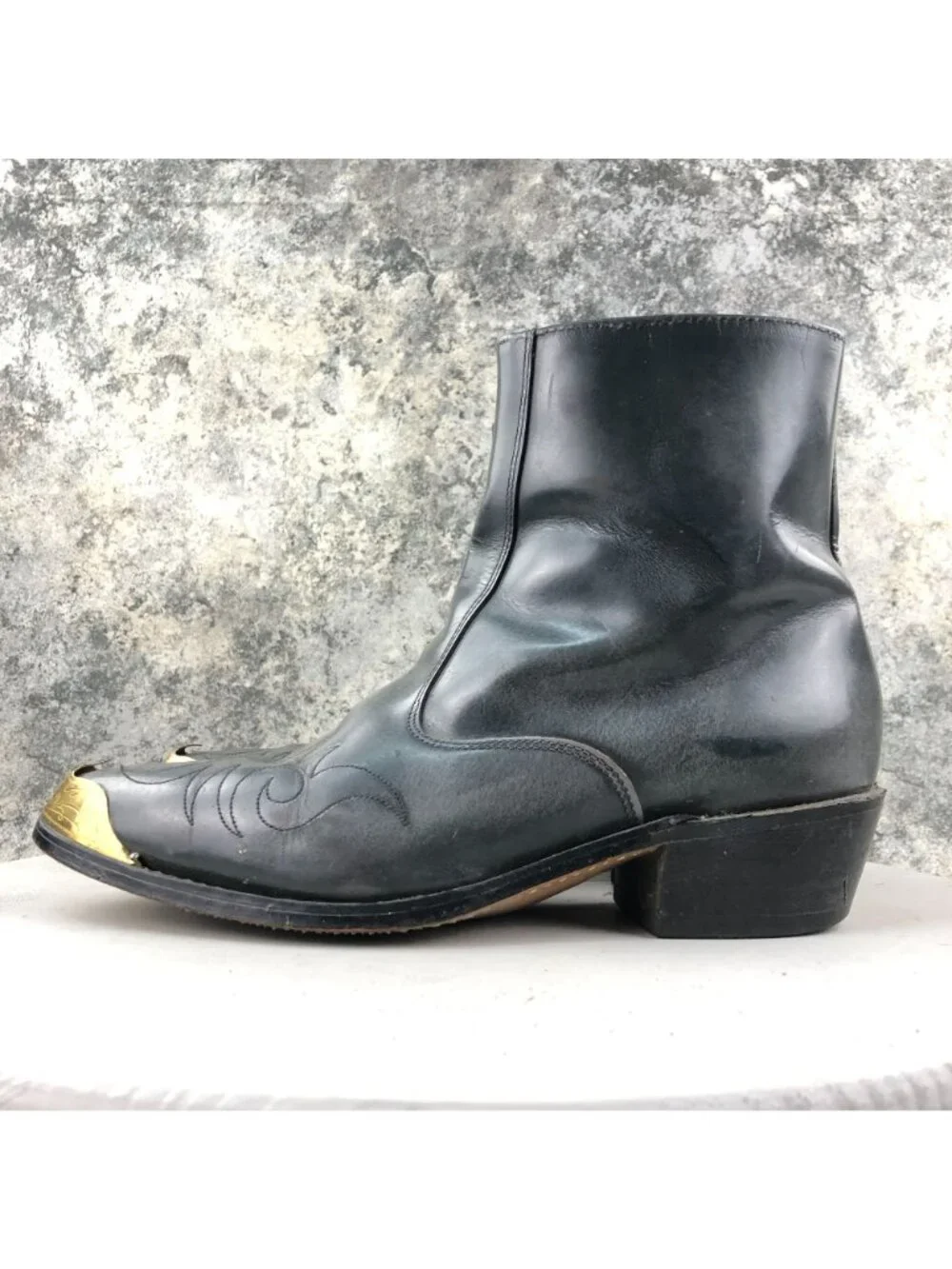 Acme VTG Mens Size 11D Dark Grey Gold Metal Toe Caps Side Zip Cowboy Ankle Boots